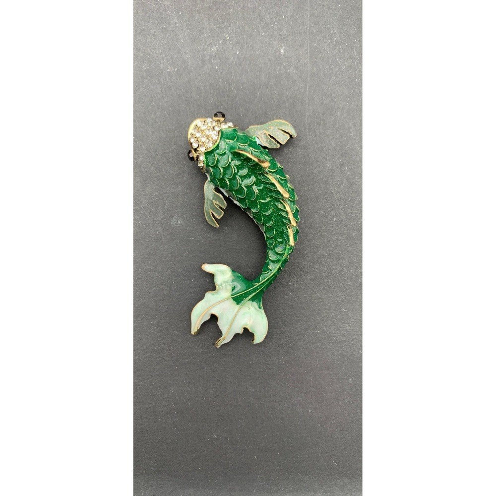 Gold Tone Green Enamel & Rhinestone Chunky Koi Fish Brooch